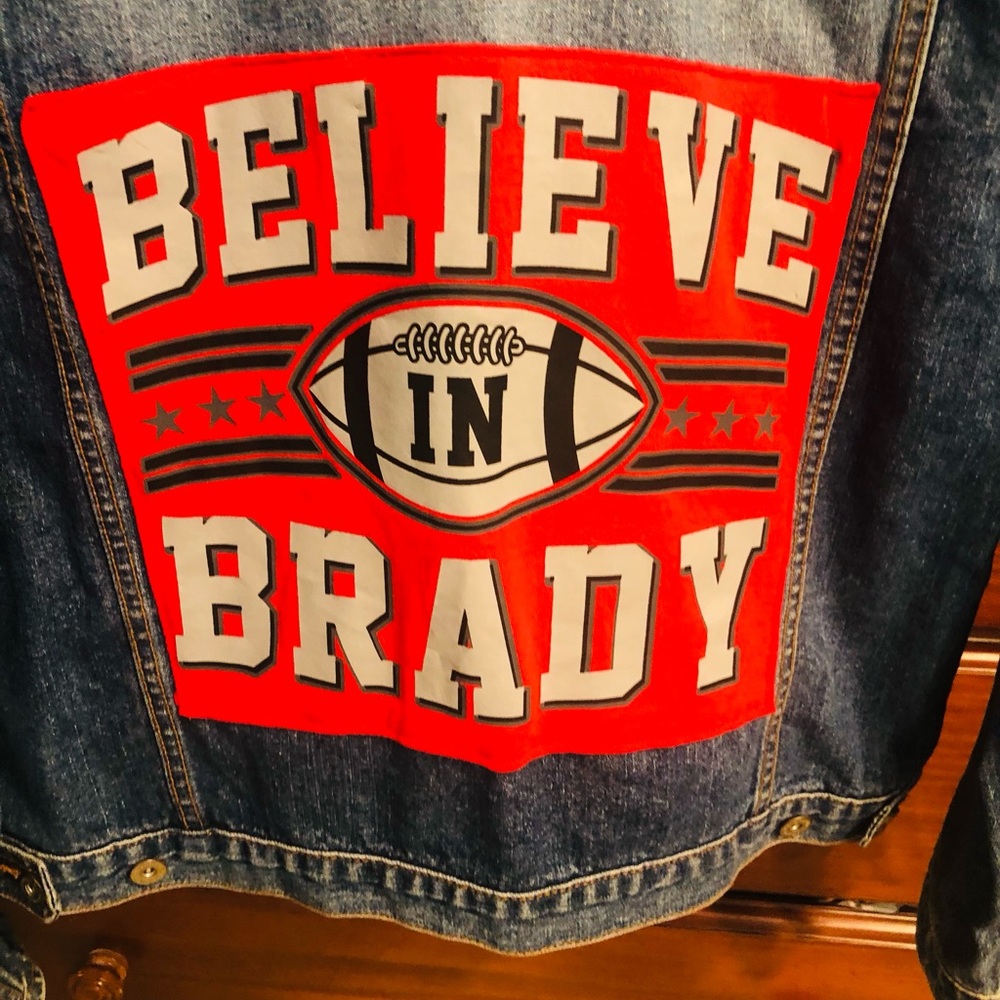 Ladies denim jacket embellished on the back, Tom Brady
